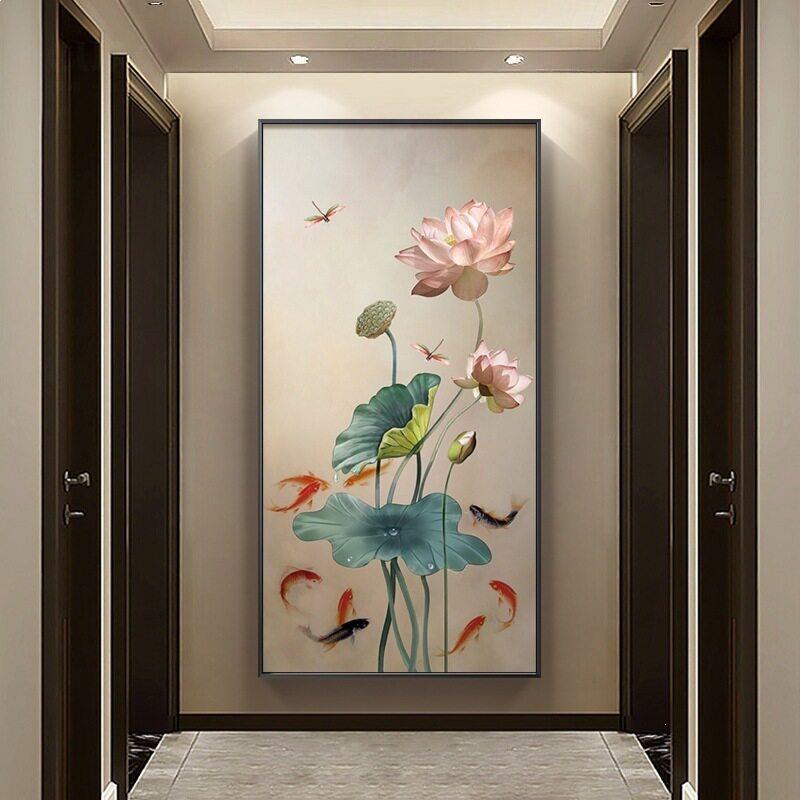 荷花九鱼图喷绘油画入户玄关装饰画竖版新中式客厅轻奢级感挂画