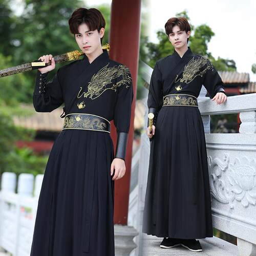 正品中国风格原学创汉代传统出长袖年古少装武士刺客导生黑色武术