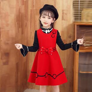 洋派儿童韩版 女童洋装 冬季 新款 毛呢裙子女孩时髦背心两件套 套装