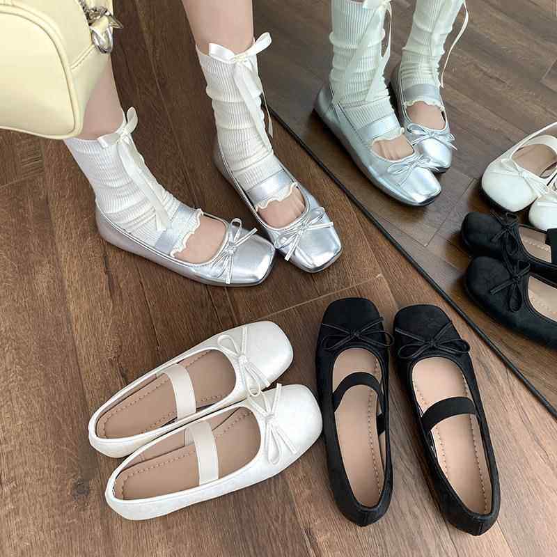 复古法式白色方头平底单鞋女夏季2026新款浅口配裙子芭蕾玛丽珍鞋