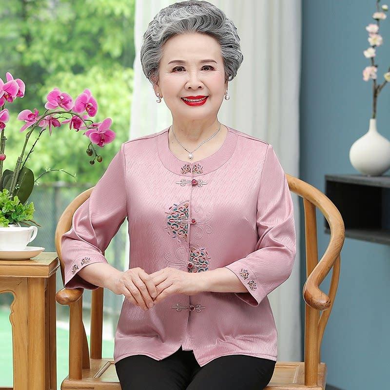 大尺码中老年人奶奶衬衫女桑蚕丝圆领七分袖妈妈夏装套装真丝上衣