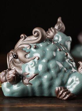 中式大号招财金蟾摆件哥窑紫砂茶宠可养三足蟾蜍家居公桌装饰品