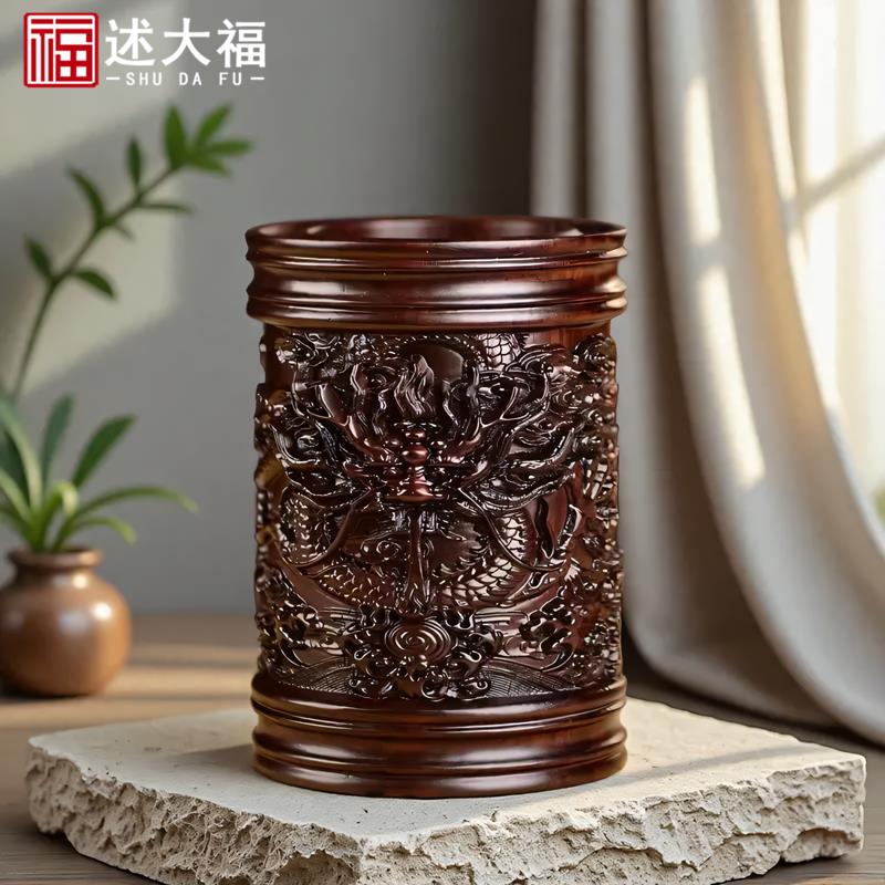 正品摆黑檀公木雕九五至尊笔工艺品办室书桌家居客厅木质笔筒件筒