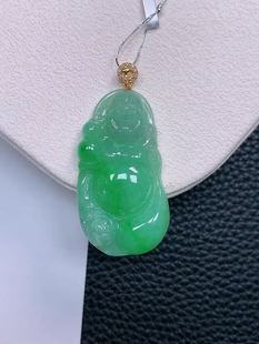 天然真品翡翠正品 水润细腻气质18k金镶嵌冰阳绿满阳色逍遥佛吊坠