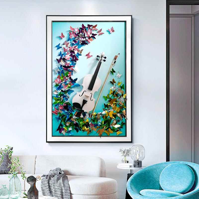 走小提琴立挂画手工体蝴蝶皮革玄C035关过廊道装饰画高档大气壁