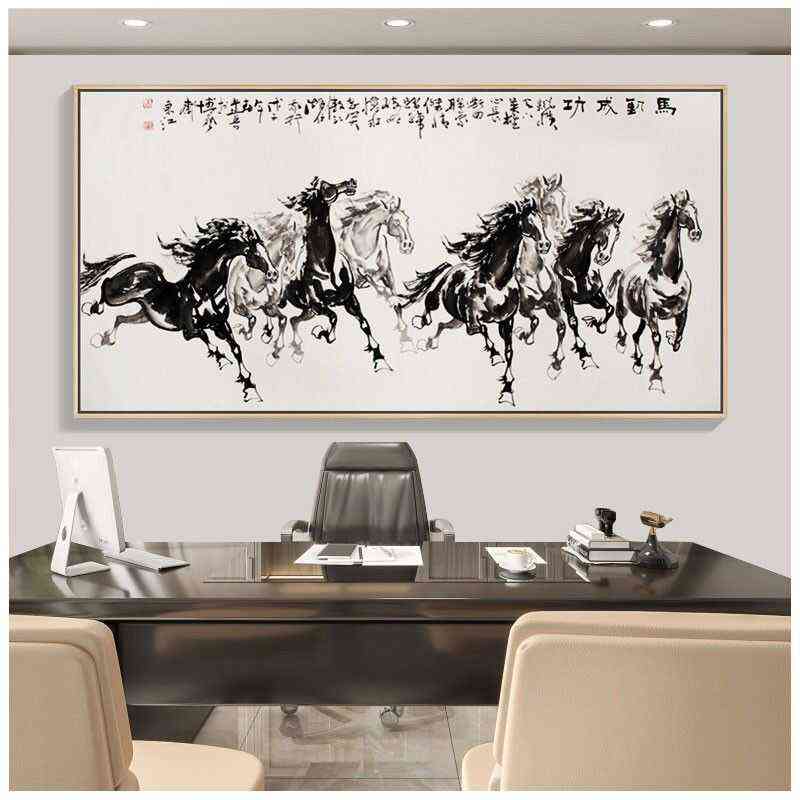 八骏图新中式客厅装饰画茶室书房背景大气壁画办公室马到成功挂画