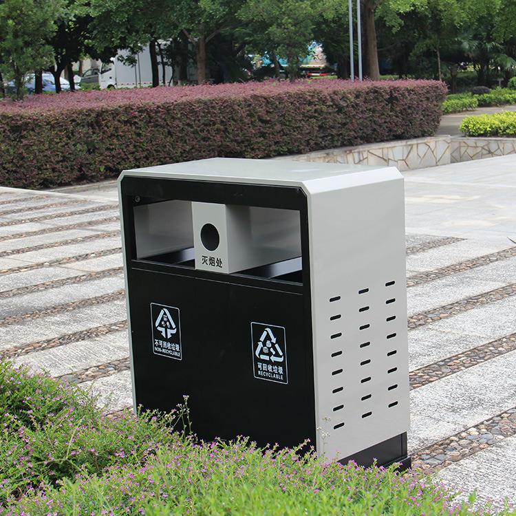 户外双桶烤漆钢制果皮箱景区分类环保顶盖垃圾桶厂生产垃圾桶