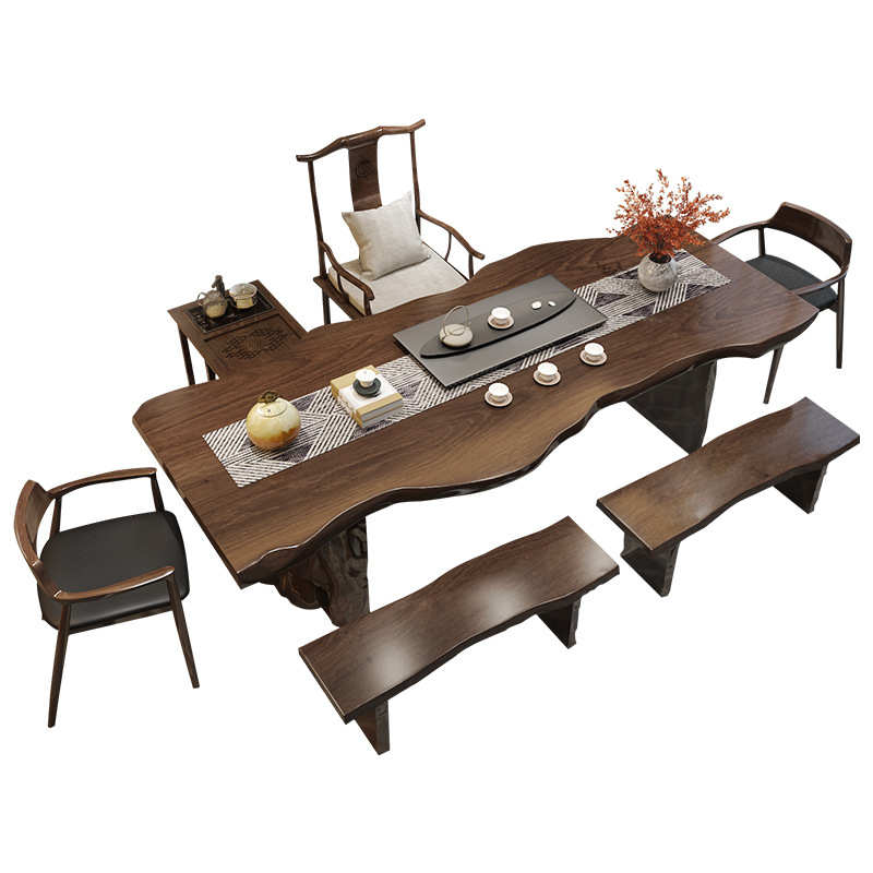 新中式自然边茶桌禅意茶楼整板多人泡茶桌办公室会客区休闲茶桌椅