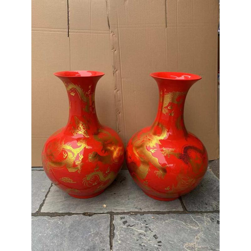 中式冬瓜陶瓷地大景德镇珐琅 金龙彩黄色家居 落花瓶工艺品摆设