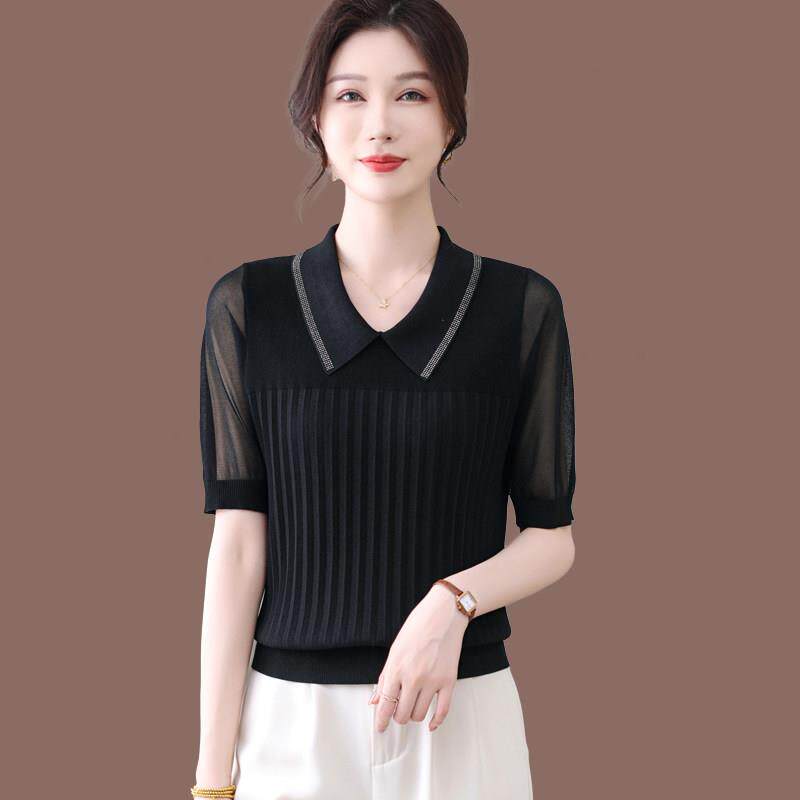 娃娃领冰丝短袖T恤女夏季网纱拼接桑蚕丝针织衫洋气POLO衫上衣