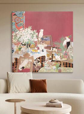 红色古典艺术手绘油画客厅新中式花鸟图方形装饰壁画玄关小众挂画
