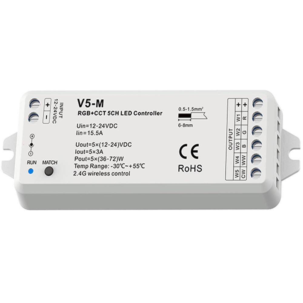 V5-M 12-24V RGB+CCT五通道LED控制器10动态模式信号自动转发认证