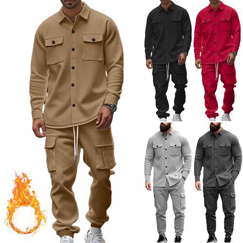 Men Winter Fleece Lined Two Set Heavyweight Fitted Button