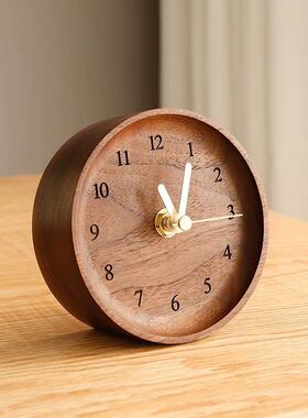 爆品厂促桌面小台钟黑胡桃实木床头台式小型钟表家用简约大方