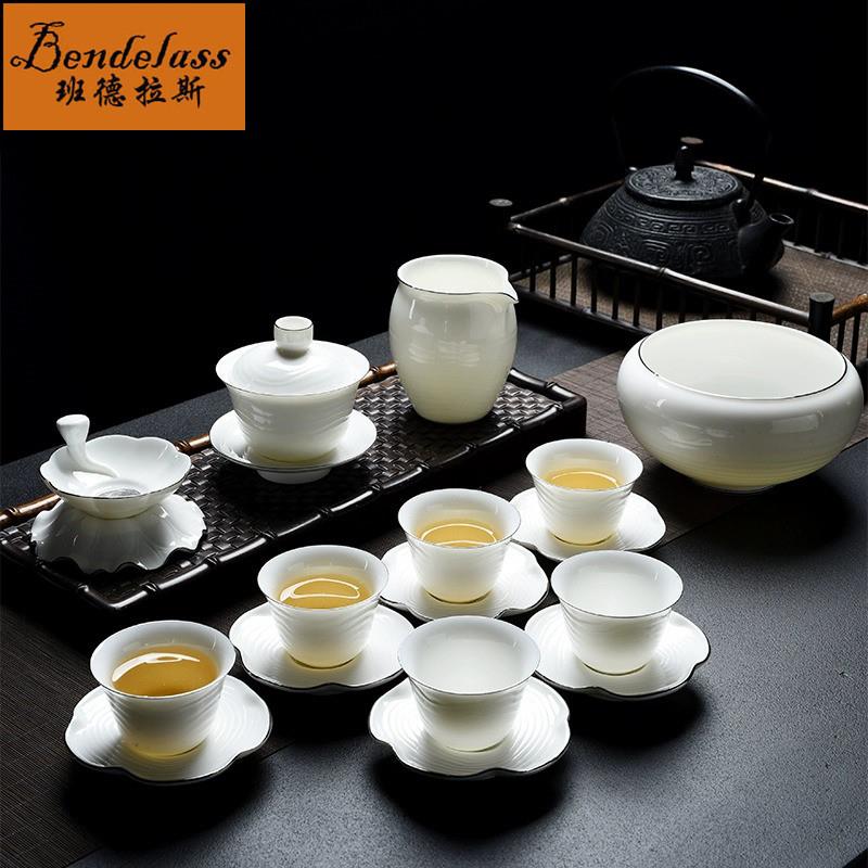 羊脂玉功夫茶具套装家用办公轻奢高档礼盒景德镇陶瓷盖碗茶杯定制