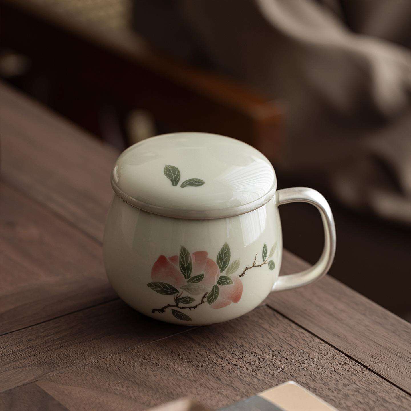 新中式手绘粉桃鎏银暖心杯茶盏品茗单个家用陶瓷杯室内喝茶马克杯