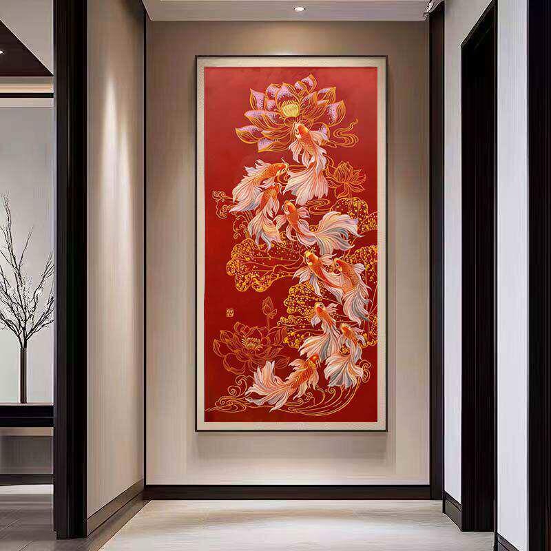 九鱼图新中式高端入户玄关装饰画宋代美学壁画红色锦鲤客厅挂画莫