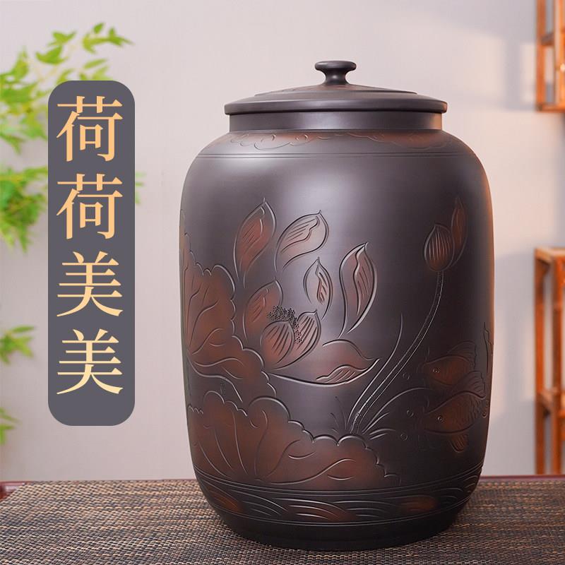 建水紫陶食品级米缸陶瓷带盖家用高端米桶防虫防潮密封收纳存茶