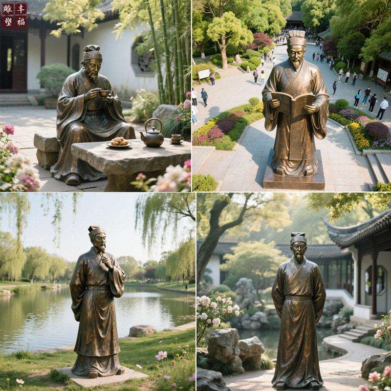 厂家供应 铸铜古历史人物茶圣陆羽雕塑 陆羽全身铜像坐像摆件