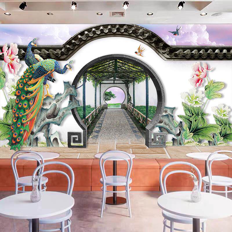 拱门壁纸酒店中式饭店3d办公室壁画茶楼苏州园林饭厅壁纸庭院客厅