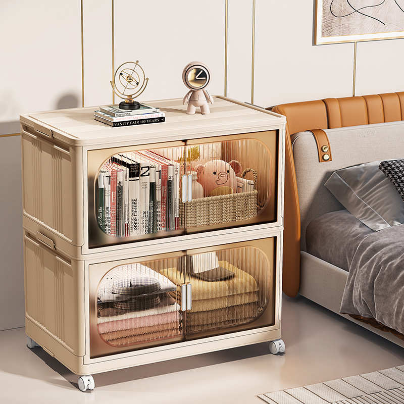 大容量免安装多层收纳柜透明双开门顶开门家用落地可折叠储物柜子