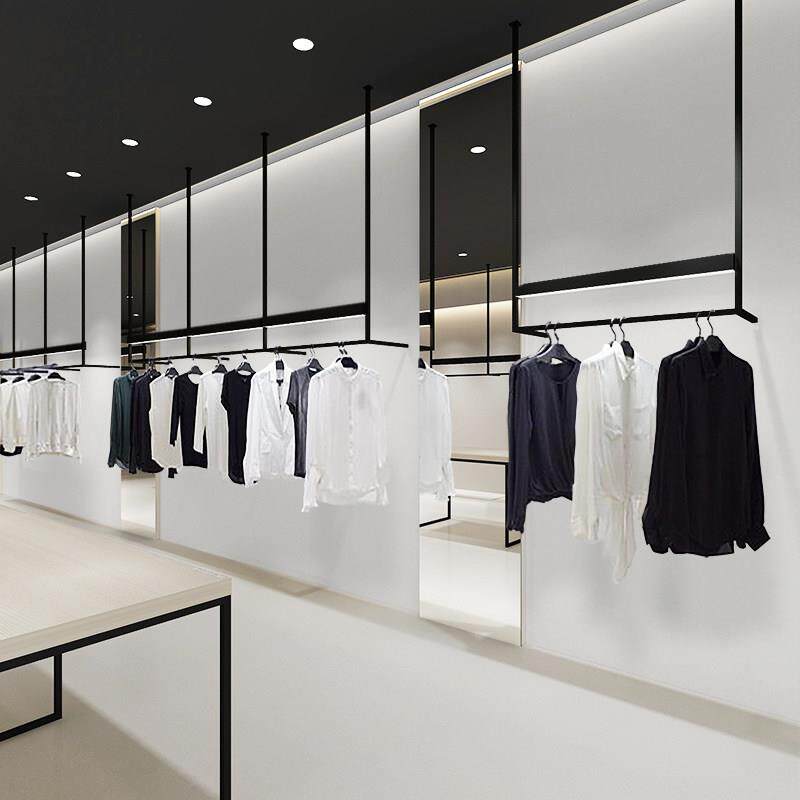 男装店吊杆挂架带灯服装吊架上墙展示架黑色悬挂陈列架铁艺可定制