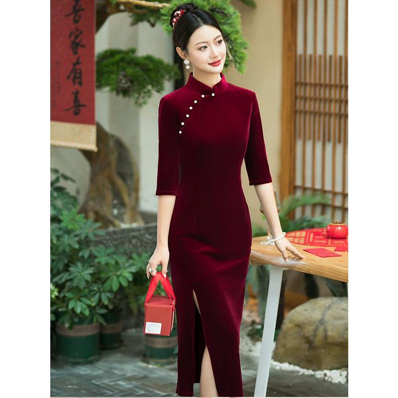 Ocnltiy喜妈妈酒红色旗袍婚宴装高级感喜婆婆金丝绒礼服连衣裙女