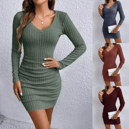 Women's Striped Deep V Neck Bodycon Knit Dress Comfortable