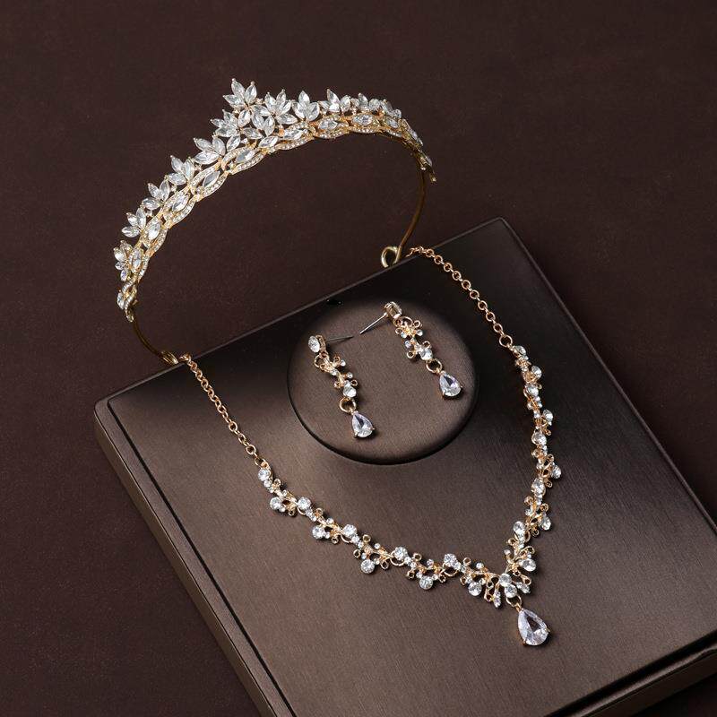 结婚皇冠香槟金发箍婚纱王冠韩式高级感大气项链三件套女新娘头饰
