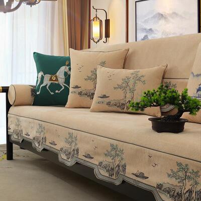 新中式沙套发垫四季用高端现滑代实木盖巾雪/r6Fyz7Q尼尔防坐通垫