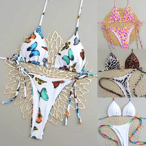 Rainbow stripe lace up women's bikini beach swimming split