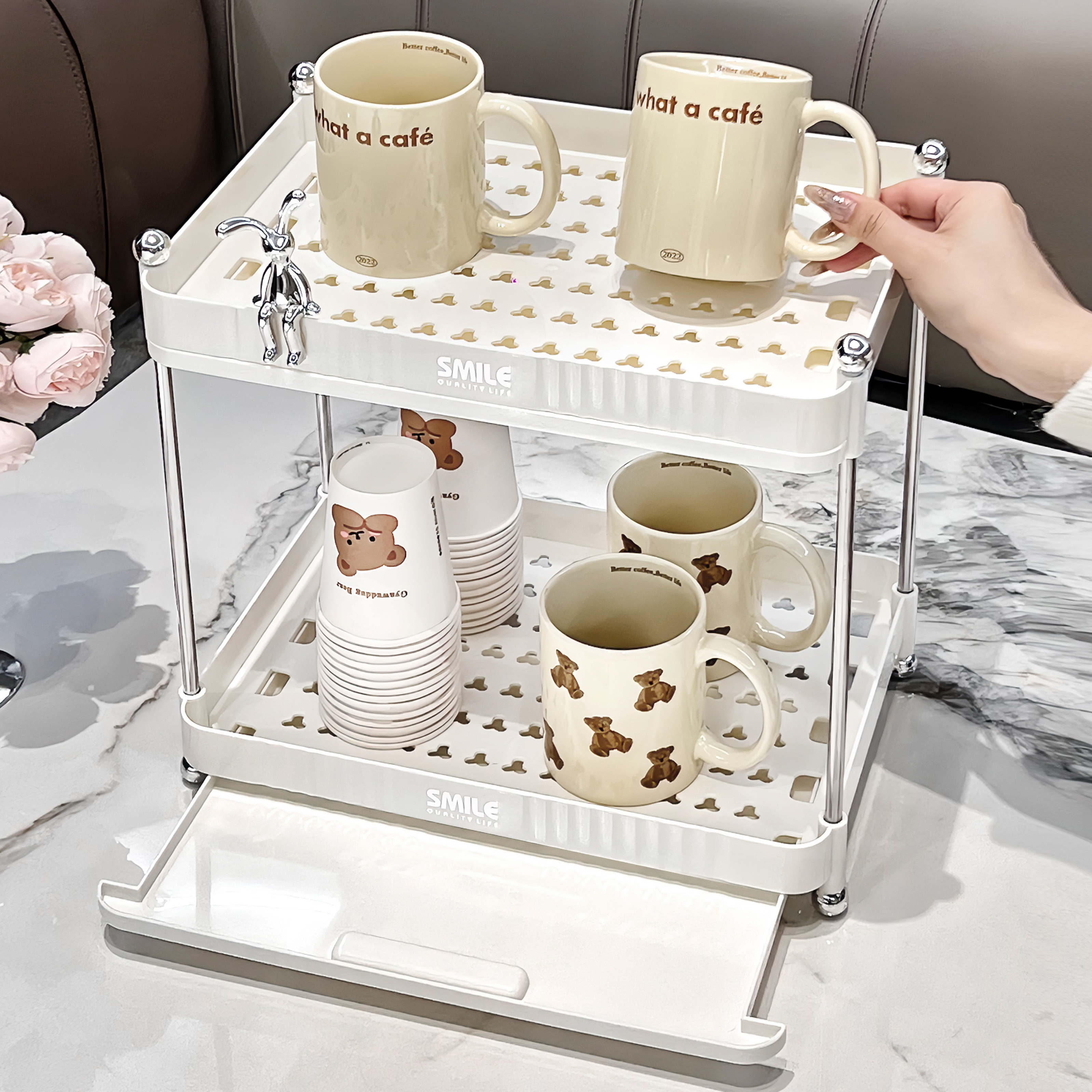 杯子收纳置物架双层茶杯架茶具杯子收纳架沥水托盘家用桌面放水杯