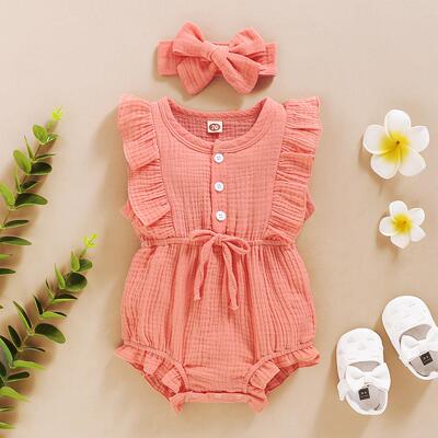 Summer Baby Girls Romper + Headband Cotton Linen Ruffles Sle