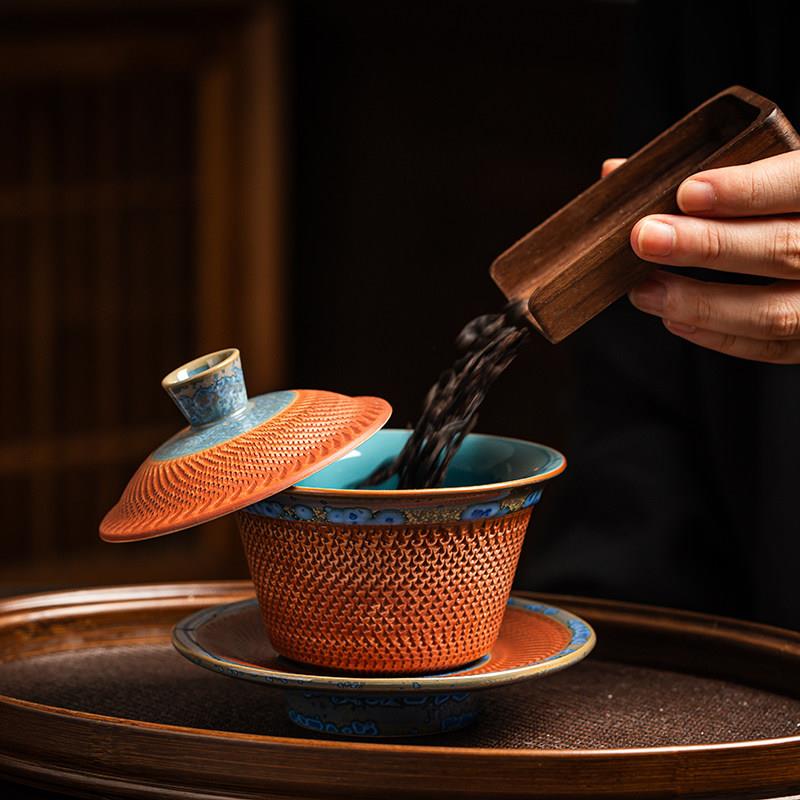 可悬停旋转三才盖碗茶杯手工跳刀钧窑陶瓷功夫茶具盖子悬浮泡茶碗