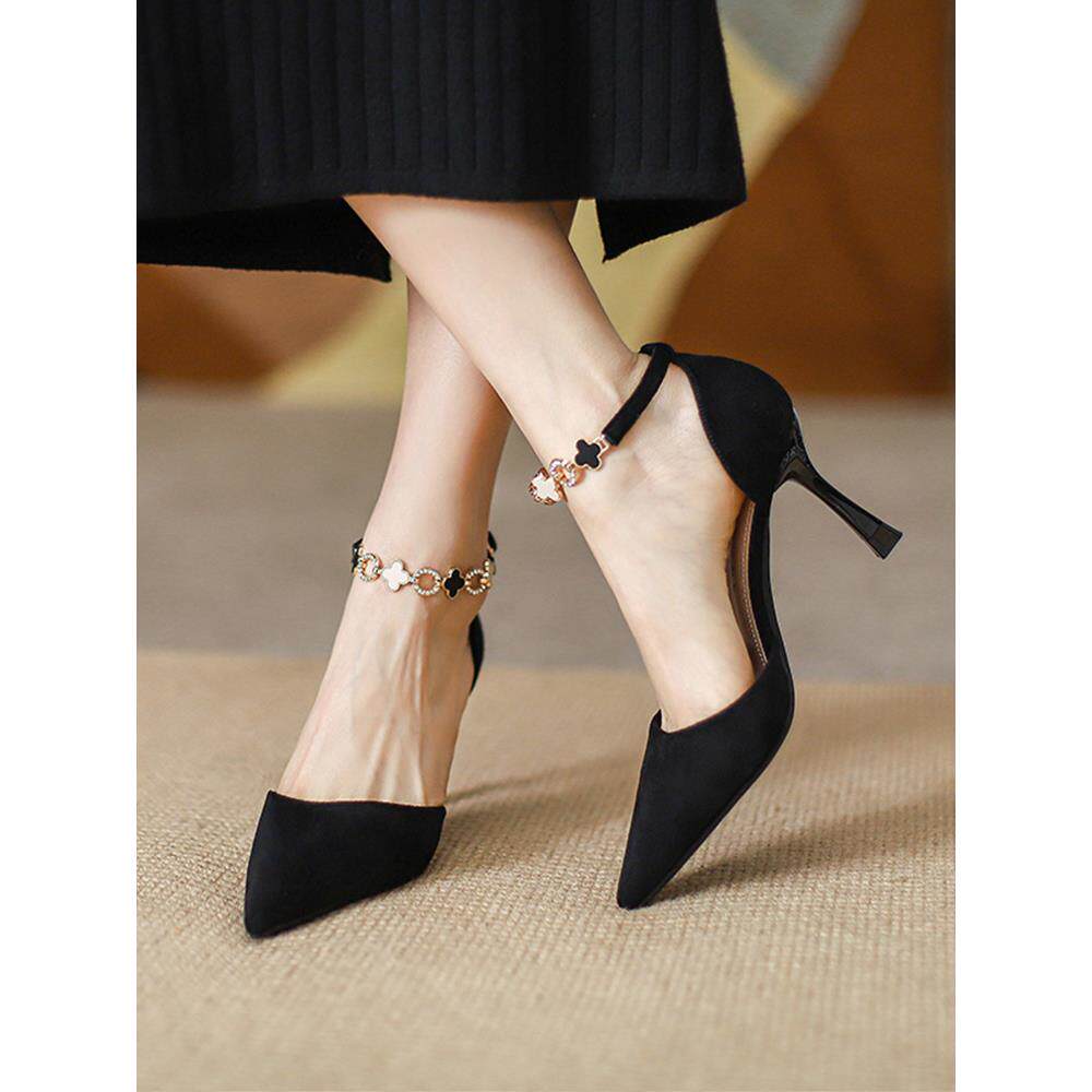 港式法式黑色女士高跟鞋2025新款尖头和细高跟鞋，优雅的麂皮平底