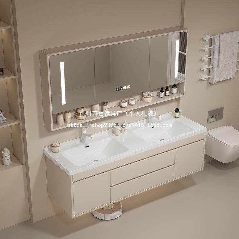 北欧轻奢陶瓷一体盆双盆浴室柜组合现代简约实木智能洗漱脸手池台