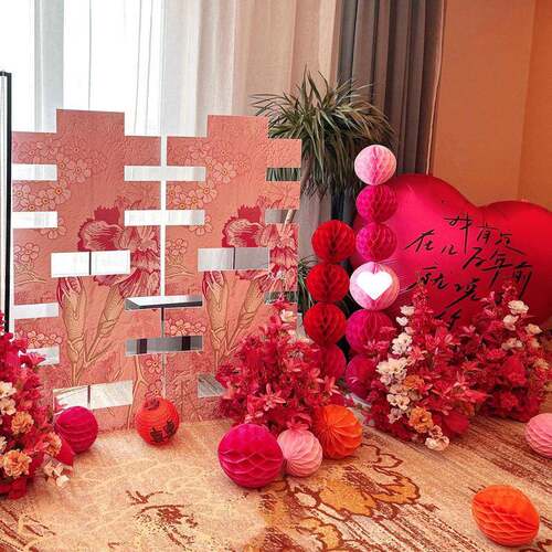 装饰方订婚新房卧室男女婚房布置套装，背景喜字婚礼kt板结婚礼落
