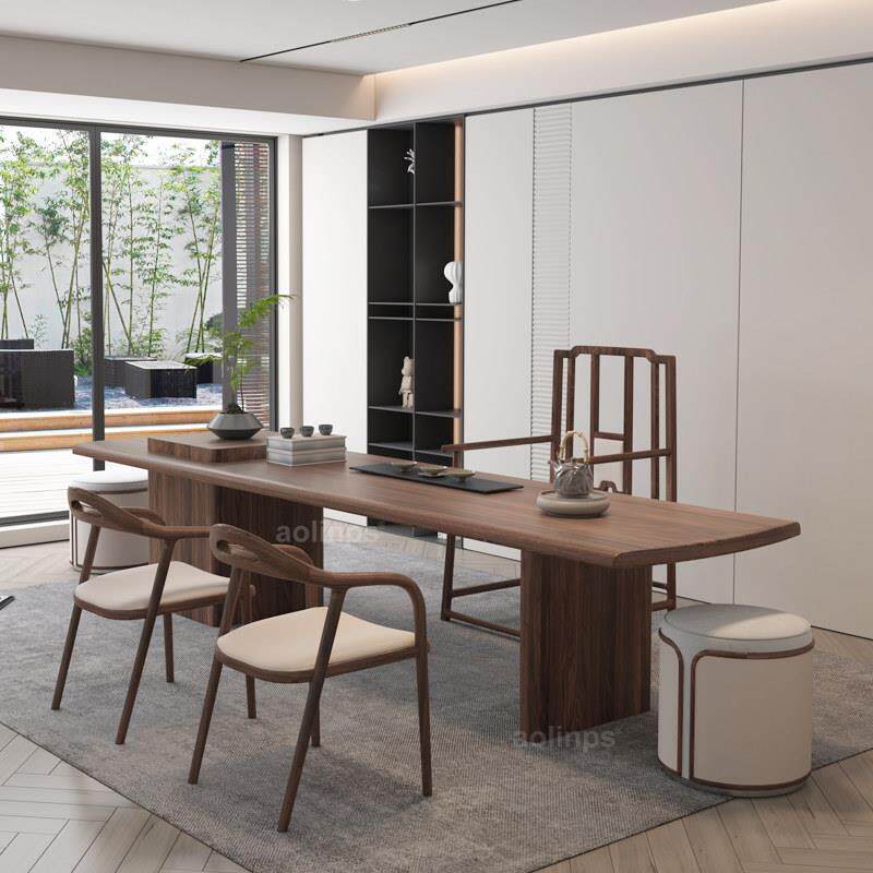 新中式意式茶桌 黑胡桃木茶桌椅 设计师高端泡茶台办公实木