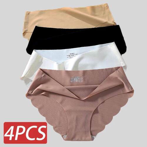 4PCS/Set Seamless Silk Briefs Sexy Panties For Women Mid Wai