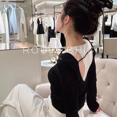 ROUJE CHIC法式黑色露背设计感假两件长袖T恤衫女春小众撞色上衣