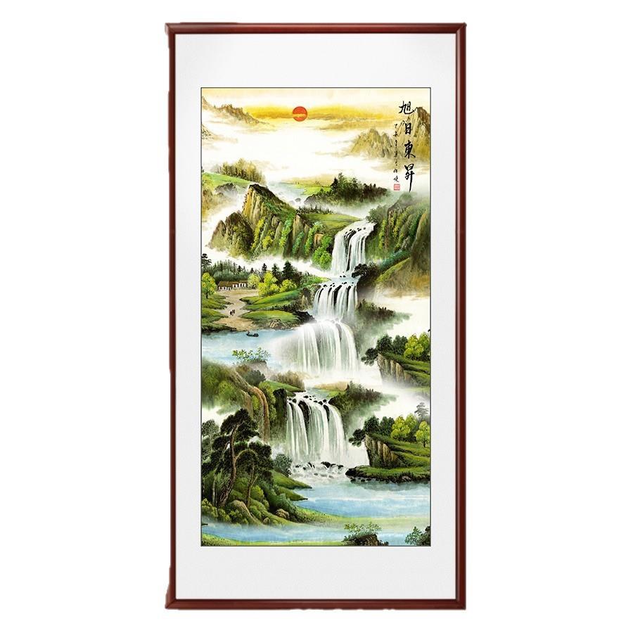 聚宝盆山水画挂画进门玄关画竖版八方来财装饰会客室走廊过道壁画