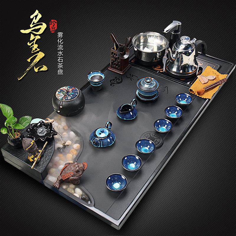 乌金石茶盘整套功夫茶具套组家用雾化流水观景石茶台简约全自动炉