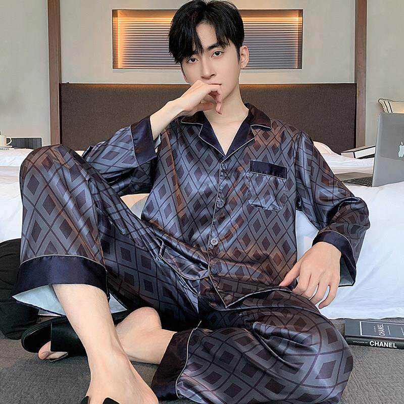 春夏季男士睡衣丝绸春秋款爸爸长袖男款加大码中年冰丝家居服套装