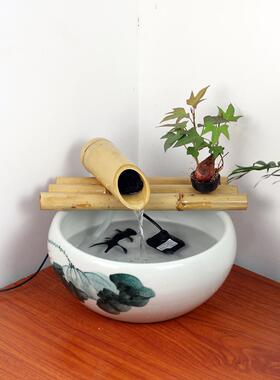 竹子流水器摆件 小鱼缸石槽鱼盆增氧过滤 客厅摆件 循环流水招财