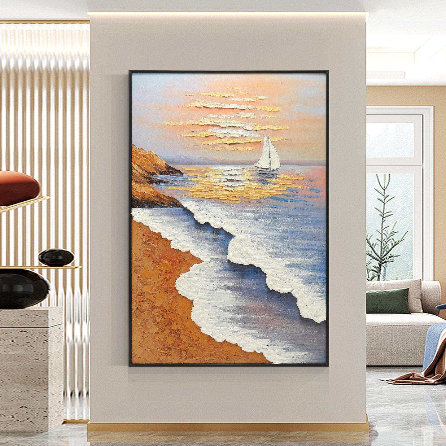 现代简约玄关大海风景装饰画手绘添笔立体油画走廊过道肌理感挂画