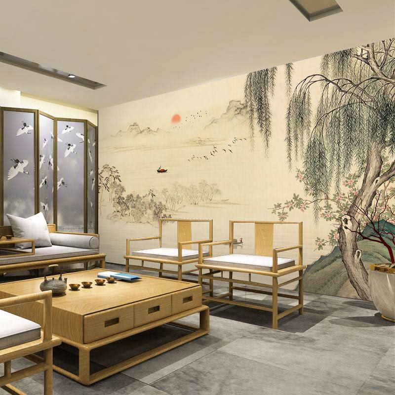 新中式柳树山水画墙纸客厅电视背景壁布茶室卧室水墨壁画古风壁纸
