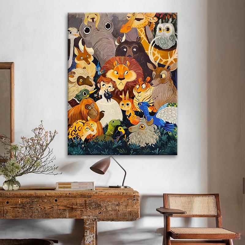 儿童房卡通动物挂画大芬油画村手绘玄关装饰画客厅治愈系丙烯壁画图片