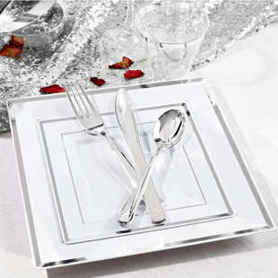 6.5寸9寸刀叉勺白色方形一次性餐盘烫金盘硬塑料25个组合套装
