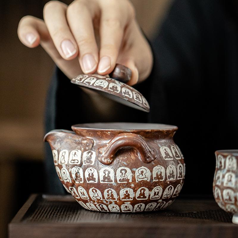 老岩泥粗陶手抓壶敦煌万佛鎏银宝瓶壶家用功夫泡茶器陶瓷茶壶单壶