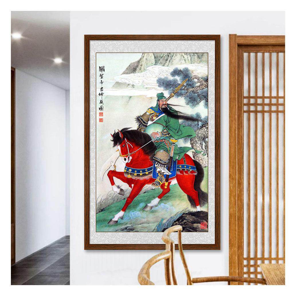 关帝圣君神威图中式玄关茶餐厅装饰画武财神关公国画关羽画像挂画